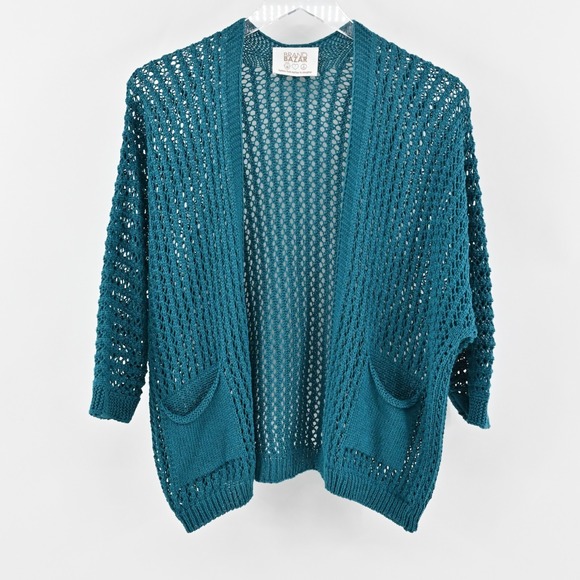 Brand Bazar Sweaters - BRAND BAZAR Cardigan Sweater Womens Sz L Crochet Blue Open Knit Quarter Sleeve